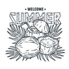 Summer coconut fruit print. Tropical exotic fruits with palms