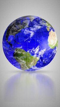 Blue crystal globe rotating, isolated on white, loop, vertical background, media