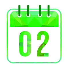  Calendar day 02. Number two on a white paper with modern green border. Isolated on white background. Vector illustration.