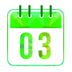 Calendar day 03. Number three on a white paper with modern green border. Isolated on white background. Vector illustration.