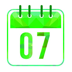 Calendar day 07. Number seven on a white paper with modern green border. Isolated on white background. Vector illustration.
