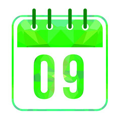 Calendar day 09. Number nine on a white paper with modern green border. Isolated on white background. Vector illustration.