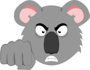 Vector illustration of the face of a cartoon koala, with an angry expression and giving a fist bump