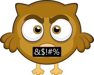 Vector illustration of a cartoon owl with an expression of anger and a censorship of insult