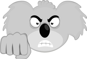 Vector illustration of the face of a cartoon koala, with an angry expression and giving a fist bump