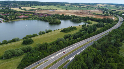 Gorgeous aerial footage of sailing boats in the Caldecotte Lake of Milton keynes England UK