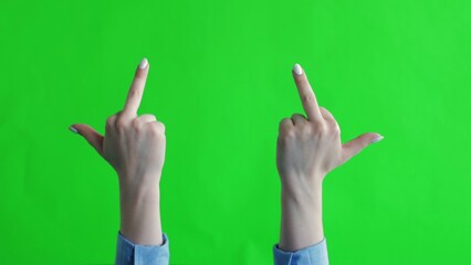 The Woman Also Shows, Fuck You, The Symbol Of The Sign Of The Middle Finger. Green background of...