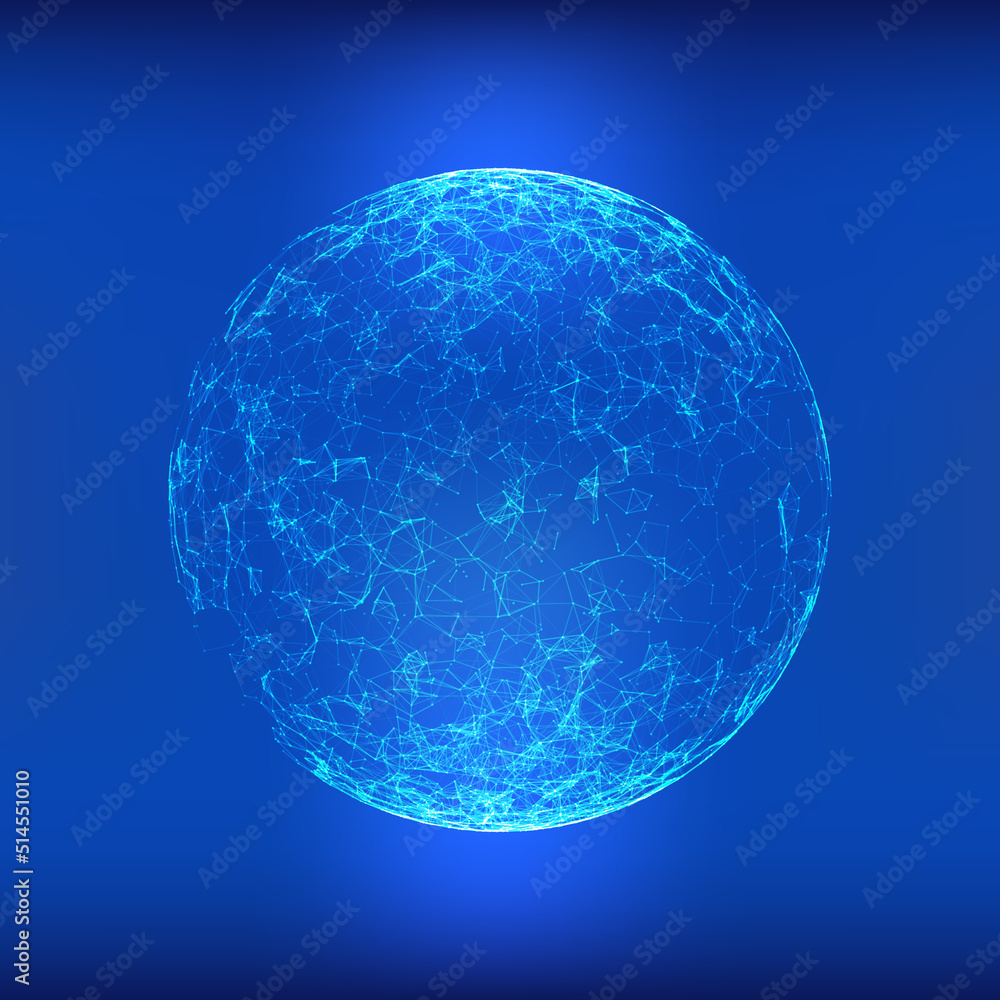 Poster Abstract Blue Sphere Futuristic Low PolyLines Dots Particle Network Connection Structure Vector. 