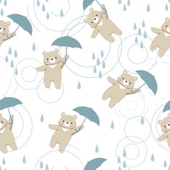 Bears and Parasol in the Rainy Day Vector Graphic Art Seamless Pattern