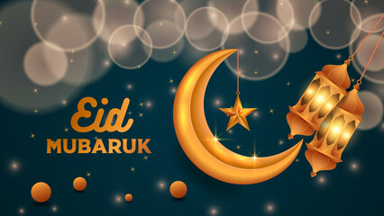 Eid Mubarak Arabic elegant luxury c of Islamic festival design with crescent moon and Islamic decorations.