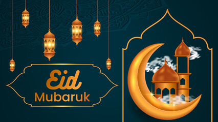 Eid Mubarak Gold moon and abstract luxury Islamic elements background 