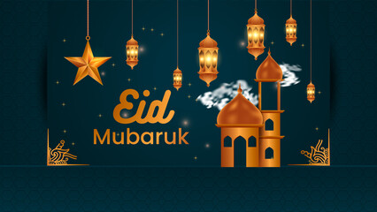 Eid Mubarak Arabic elegant luxury ornamental Islamic background with Islamic decorative golden moon lantern star