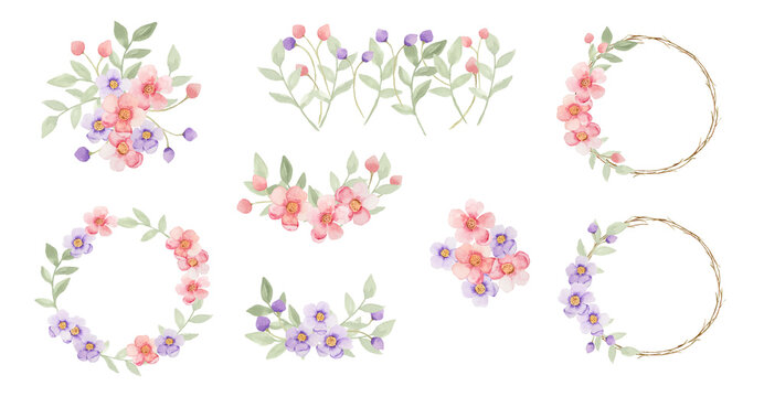 Isolated watercolor flower arrangement clipart collection.
