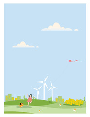 Vector illustration of eco friendly concept.Flat banner Environmentally friendly.hand drawn cartoon people in a city.kid playing kite with dog.Clean nature concept.Renewable energy power.Think green