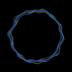 Blue gold wavy circle lines frame background. Use photoshop layer mode lighten, screen, linear dodge (add) to remove the background