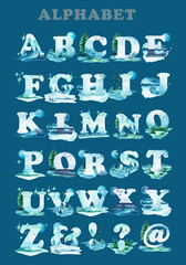 Set of watercolor English letters on a turquoise background of nature, mountains, lake, forest, sky.Suitable for poster printing, for teaching children, for design works.