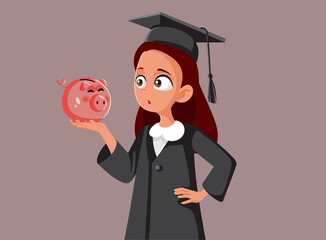 Surprised Student Holding a Piggy Bank Vector Cartoon Illustration - Stressed graduate worried about her financial future and career 