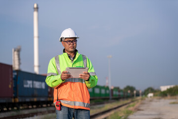 Fototapeta na wymiar Engineer wearing uniform and helmet stand in front of the car hand holding blue print paper, inspection work plant site progress using radio communication to work orders with oil refinery background.