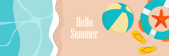 Vector summertime set with summer items: umbrella, snorkeling mask and snorkel, travel, surfboard, slippers, ice cream, ukulele, exotic fruits. Doodle cartoon illustration