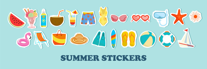 Summer vector icon set for sticker. Icons, signs and banners. Bright summertime poster. Collection elements for summer holiday and party. Vector illustration © Cavid