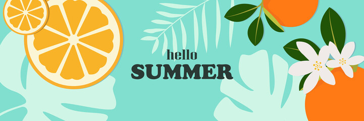 Summer season Sale banner with pieces of tropical ripe orange fruit, bright design with plant. Vector illustration with text