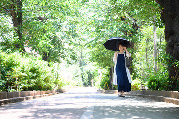 日傘をさす女性　広角
