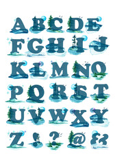 Set of watercolor English letters on a turquoise background of nature, mountains, lake, forest, sky.Suitable for poster printing, for teaching children, for design works.