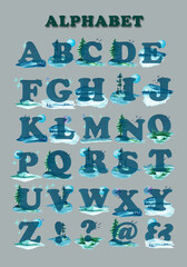 Set of watercolor English letters on a turquoise background of nature, mountains, lake, forest, sky.Suitable for poster printing, for teaching children, for design works.