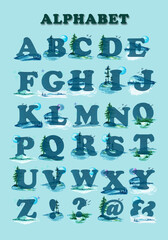 Set of watercolor English letters on a turquoise background of nature, mountains, lake, forest, sky.Suitable for poster printing, for teaching children, for design works.