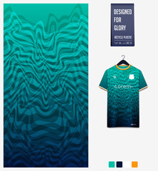 Soccer jersey pattern design. Fluid stains pattern on green background for soccer kit, football kit, sports uniform. T shirt mockup template. Fabric pattern. Abstract background. 