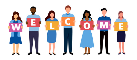 Fototapeta na wymiar Group of people holding welcome sign with cheerful greetings in flat design. People welcoming concept.
