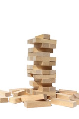  Tower made of wooden blocks on a white background.