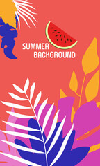 Vector design summer backgrounds for banner or web banner, greeting card, poster and advertising - bright banners with leaves and plants. Holiday and vacation. Watermelon