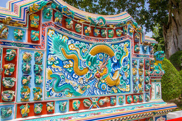 the wall with dragon decoration in Phra Thinang Wehart Chamrun or the Royal Residence of Heavenly Light in Bang Pa-In Palace Ayutthaya Thailand is a Chinese-style two-storeyed mansion built in 1889. 