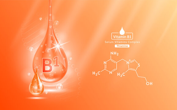Serum vitamin B1 liquid gel drop and structure. Collagen complex with chemical formula from nature skin care vitamins. Medical scientific concept. On orange background 3D realistic vector EPS10.