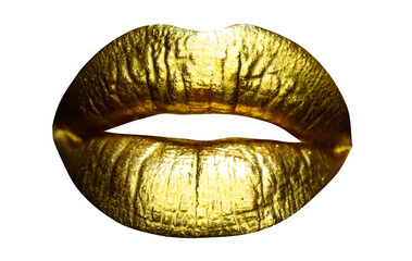 Sensual woman golden lips. Womans natural gold lip. Girl mouth close up with golden lipstick. Isolated on white.