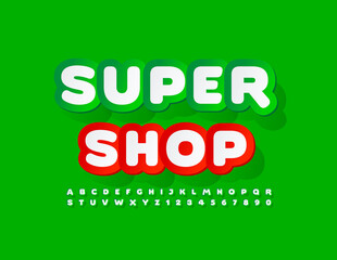 Vector colorful Signboard Super Shop. Sticker style Font. Bright creative Alphabet Letters and Numbers set