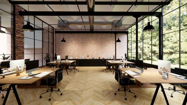 Interior Empty Modern Loft Office open space modern office footage.Modern open concept Lobby and reception area meeting room design. 3dRendering .