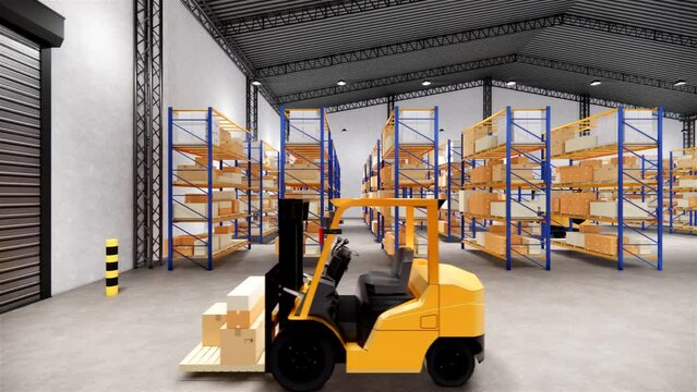 Industrial stock storage products storage system by drone.Loft modern warehouse. Cardboard boxes on a conveyor.3D rendering.Warehouse with cardboard boxes inside on pallets racks..