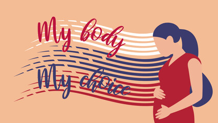Pregnant woman with her hands on belly against stylised US flag.  My body, my choice concept - obrazy, fototapety, plakaty