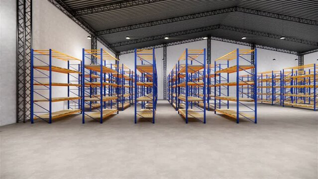 Industrial stock storage products storage system by drone.Loft modern warehouse. Cardboard boxes on a conveyor.3D rendering.Warehouse with cardboard boxes inside on pallets racks..