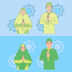 Muslim men and women next to each other, both smiling warmly, hand drawn with flat and outline style illustrations