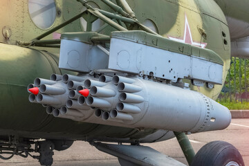 Close-up of blocks for unguided aircraft missiles. Combat helicopter details