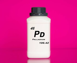 Palladium Pd chemical element in a laboratory plastic container