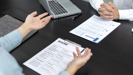 Obraz premium Job interview, Employer or recruiter is interviewing and taking the applicant's work history, Specialized Functional Ability Test, Business conversation, Manager resource employment and recruitment...
