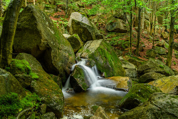 Fototapeta na wymiar small waterfall on mountain creek between rocks