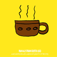 Logo coffee cup sketch drawing. Handmade doodle