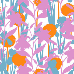 Seamless pattern of bright silhouettes of flowers Dahlia, Iris, Lily. Vector illustration