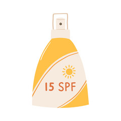Element spray sunscreen with SPF 15 isolated on white background. Hand drawn summer cosmetic in flat style. Illustration skin care ultraviolet radiation products. Vector