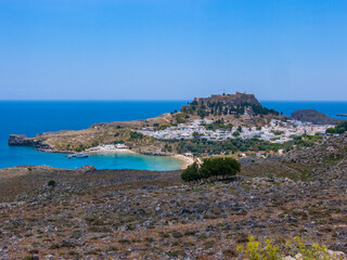 Fototapeta na wymiar A panoramic view on Lindos city on the Rhodes island in Greece